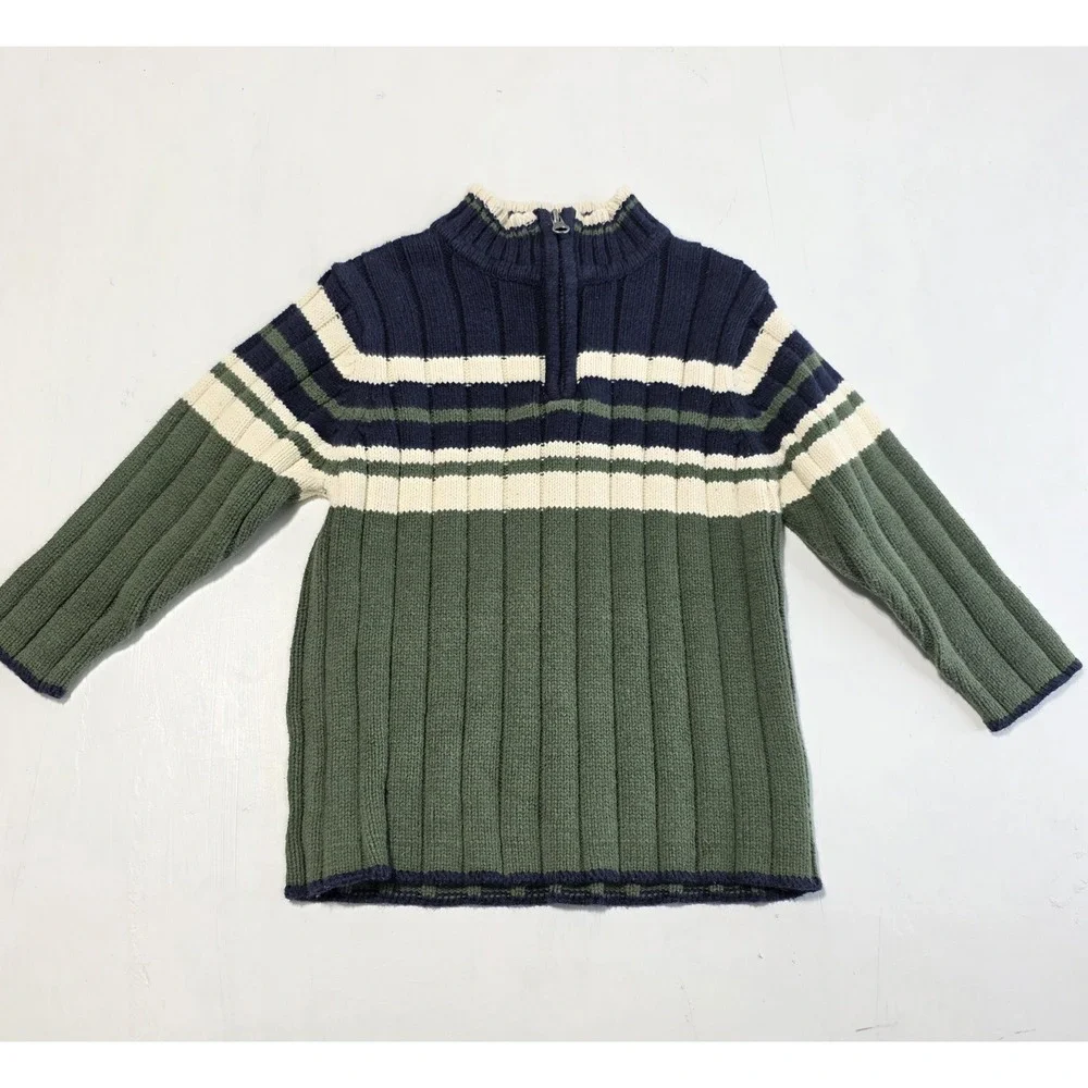 Vintage The Children's Place Sweater Kids 4T Green Navy Stripe Knit Pullover‎